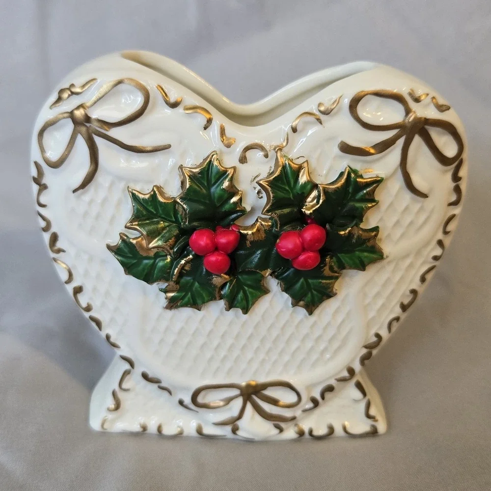 Vintage Christmas Heart Shaped Ceramic Planter Vase Holly Berries Gold Trim